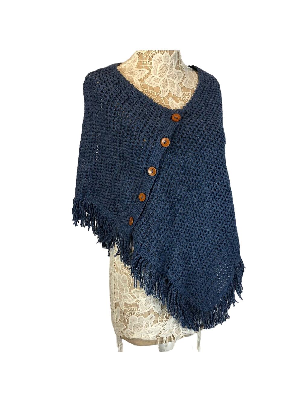 Carolina•Arce•Seifert knit shawl with fringe blue retro OS